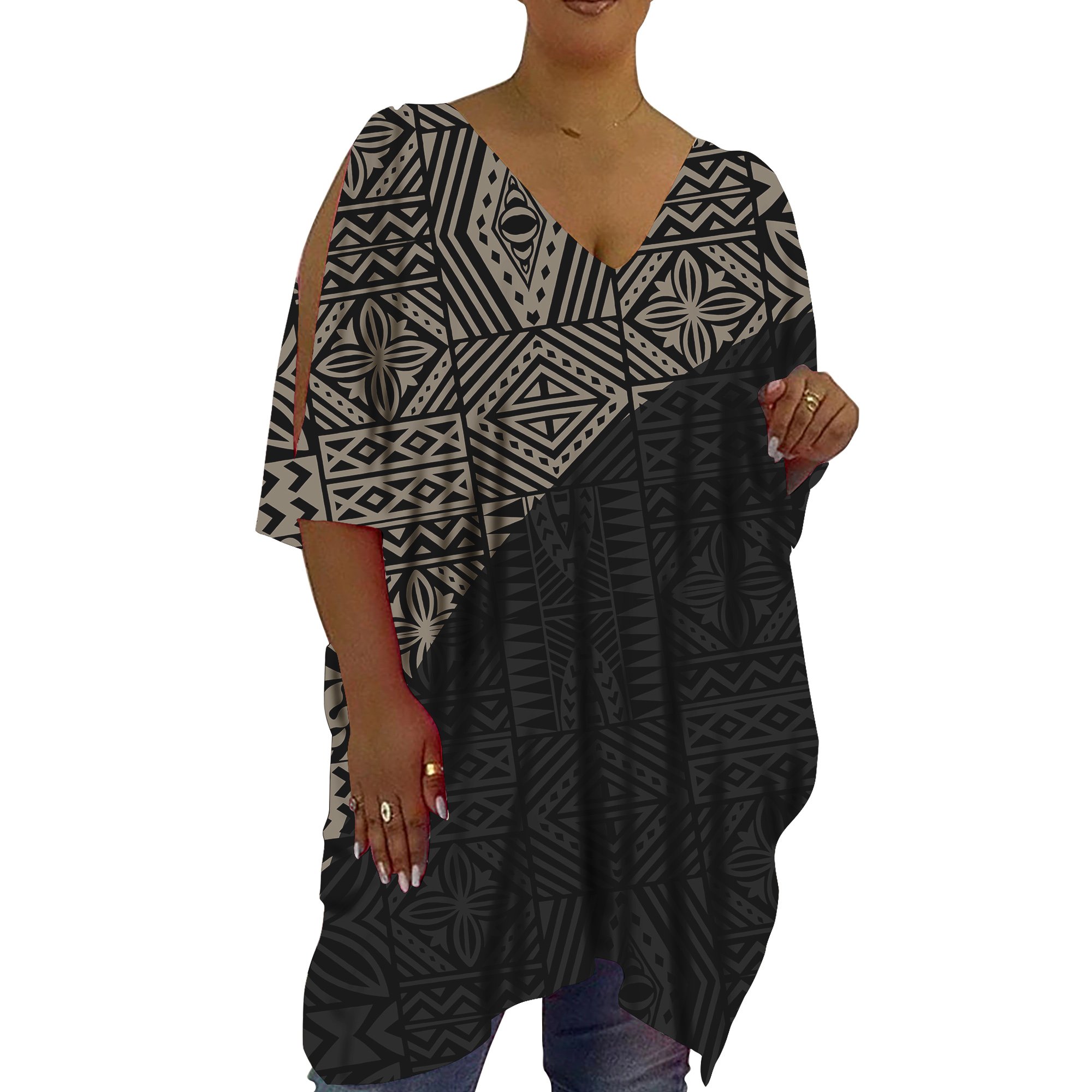 New Trendy Designer Custom Deep V Neck Top Black Cold Shoulder Oversized Long Women T-shirt Polynesian Dresses Ladies Blouse