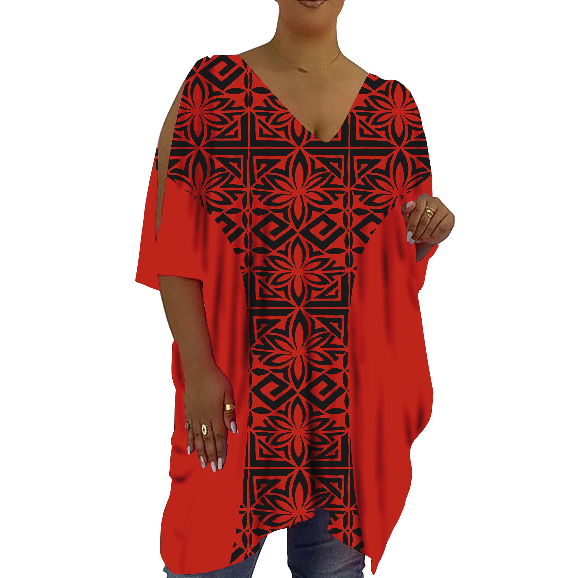 New Trendy Designer Custom Deep V Neck Top Black Cold Shoulder Oversized Long Women T-shirt Polynesian Dresses Ladies Blouse