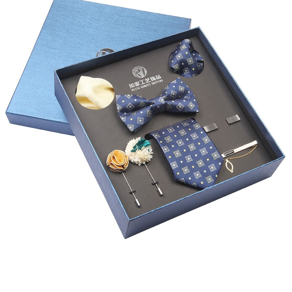 Handmade Men's Gift Box Set Includes Blue Polyester Necktie Bowtie Pocket Square Cufflink Lapel Pin and Tie Bar
