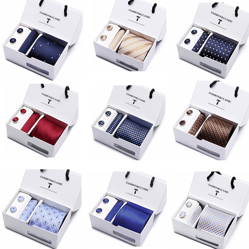 PTS08 Men Business formal tie and pocket square cuff-link set 56 different colors Polyester silk tie set gift box