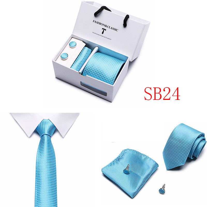 PTS08 Men Business formal tie and pocket square cuff-link set 56 different colors Polyester silk tie set gift box