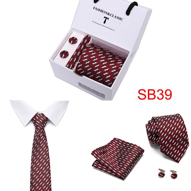 PTS08 Men Business formal tie and pocket square cuff-link set 56 different colors Polyester silk tie set gift box