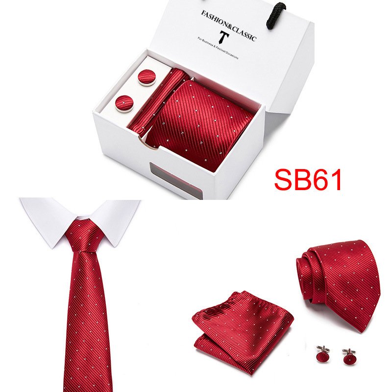 PTS08 Men Business formal tie and pocket square cuff-link set 56 different colors Polyester silk tie set gift box