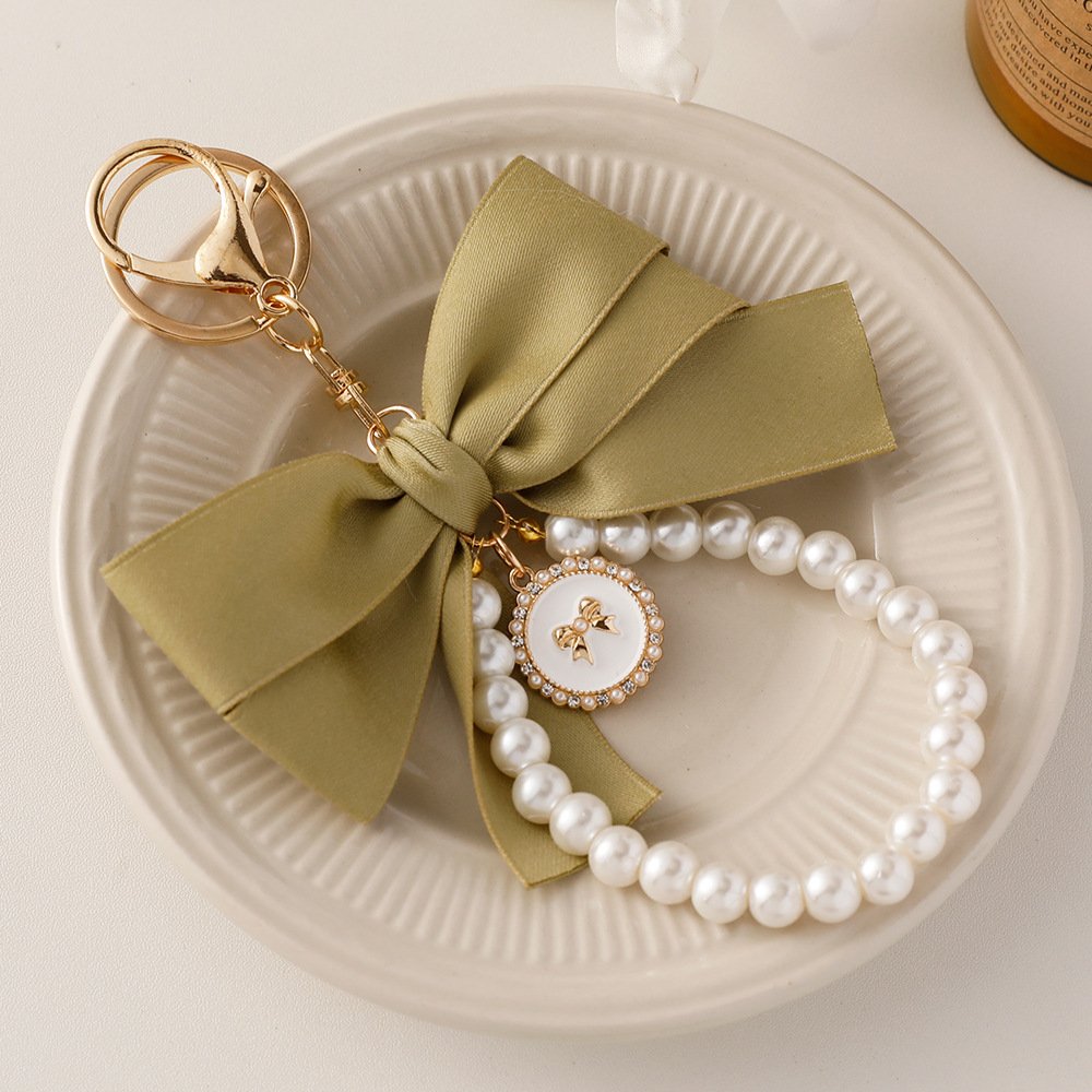 Creative Large Silk Ribbon Bow Knot Pearl Tassel Key Ring Rhinestone Crystal Bow Keychain For Women Girl