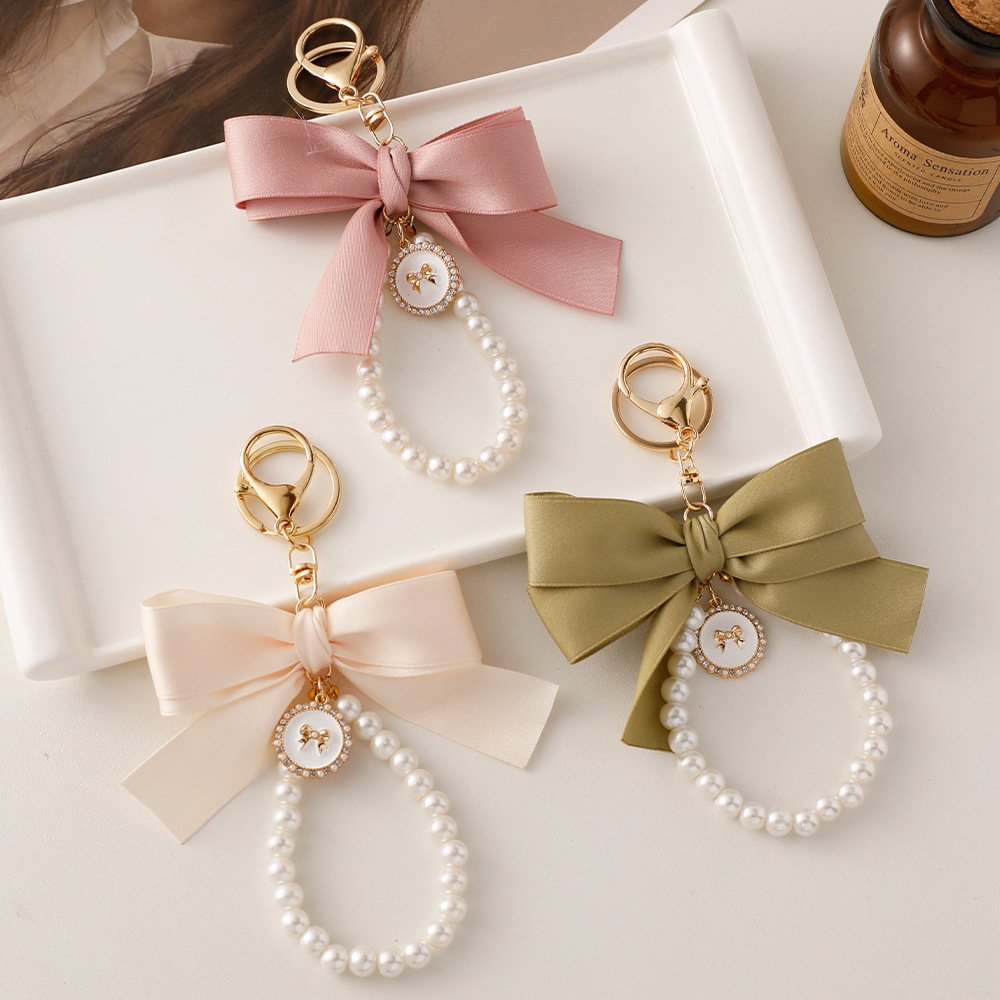 Creative Large Silk Ribbon Bow Knot Pearl Tassel Key Ring Rhinestone Crystal Bow Keychain For Women Girl