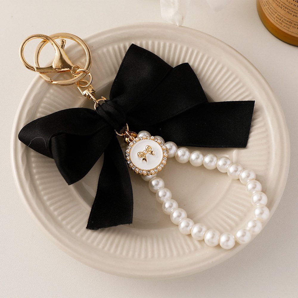 Creative Large Silk Ribbon Bow Knot Pearl Tassel Key Ring Rhinestone Crystal Bow Keychain For Women Girl