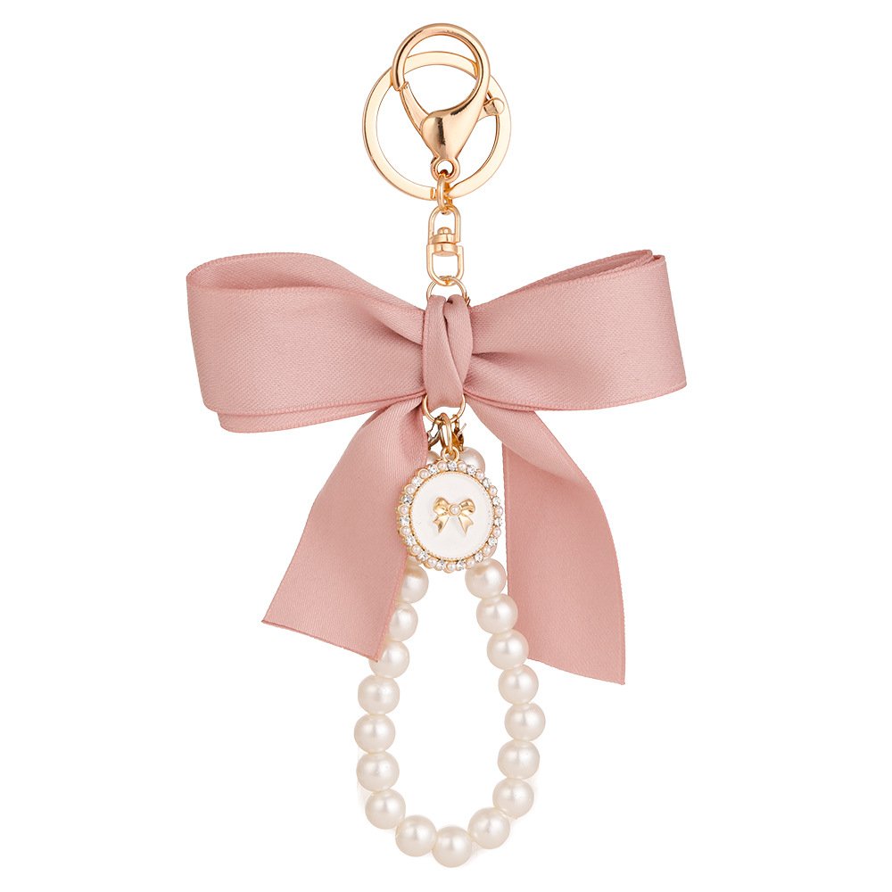 Creative Large Silk Ribbon Bow Knot Pearl Tassel Key Ring Rhinestone Crystal Bow Keychain For Women Girl