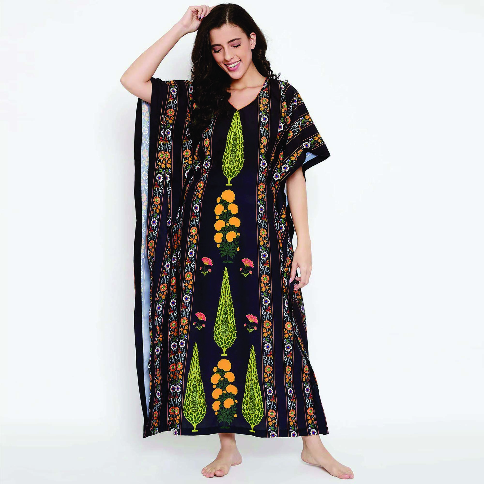 Casual Maxi Length Kaftan Slim Fit Polyester Crape with Neck Tie Black Ornamental Stripes Ethnic Style Maxi Length Kaftan