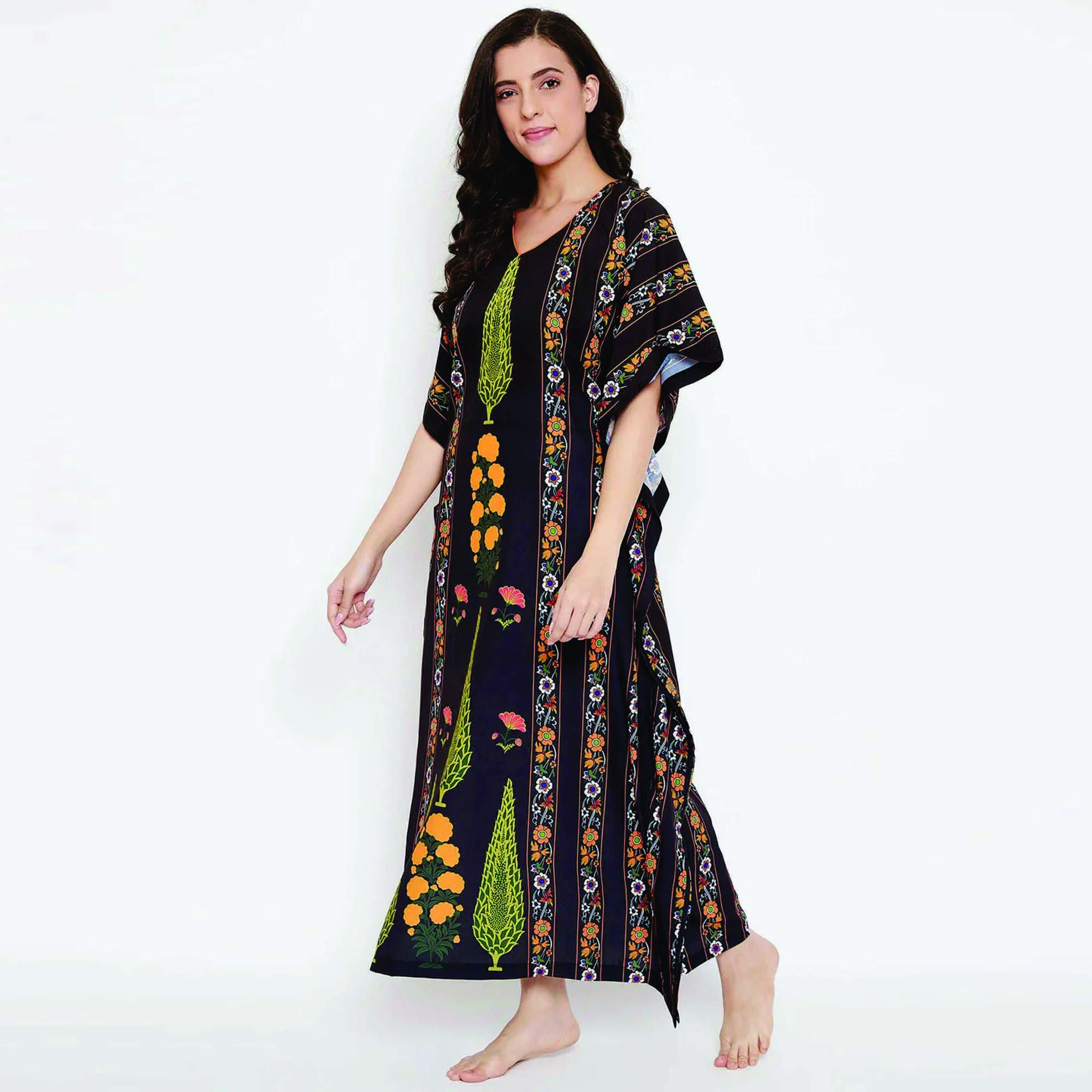 Casual Maxi Length Kaftan Slim Fit Polyester Crape with Neck Tie Black Ornamental Stripes Ethnic Style Maxi Length Kaftan