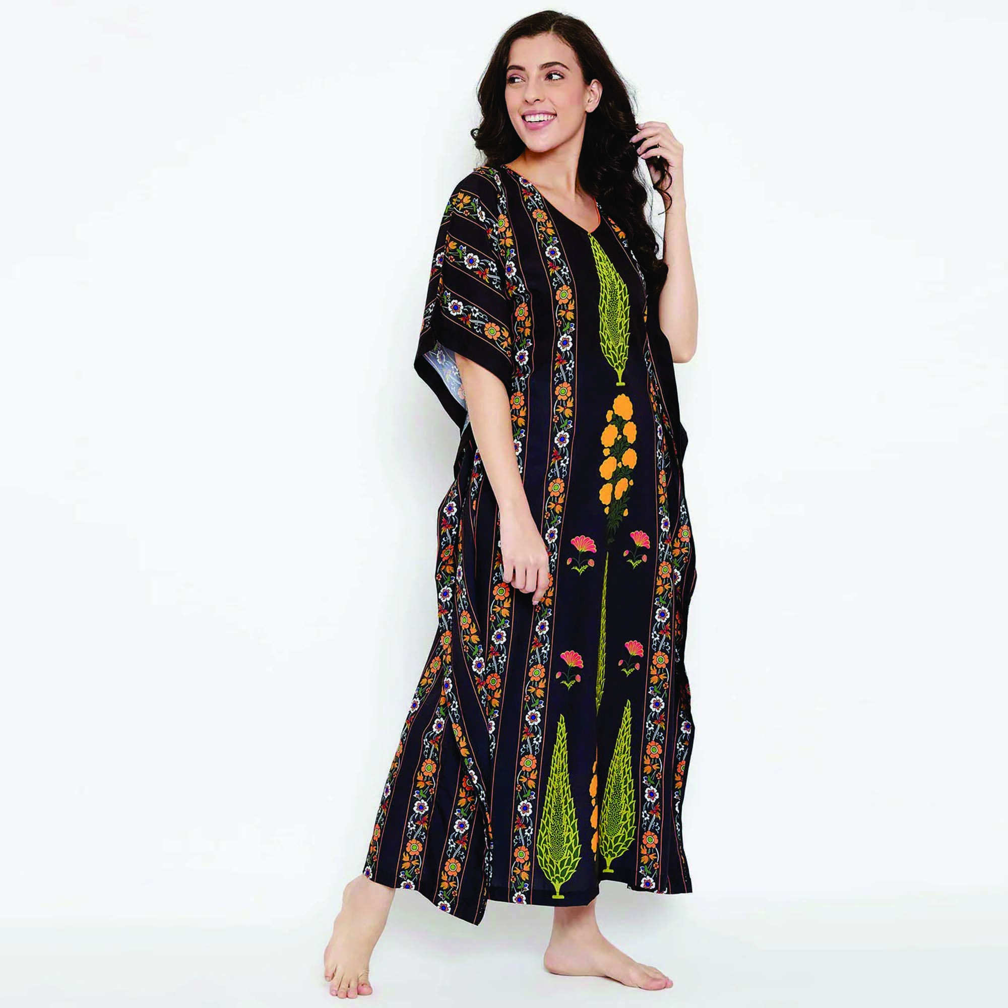 Casual Maxi Length Kaftan Slim Fit Polyester Crape with Neck Tie Black Ornamental Stripes Ethnic Style Maxi Length Kaftan
