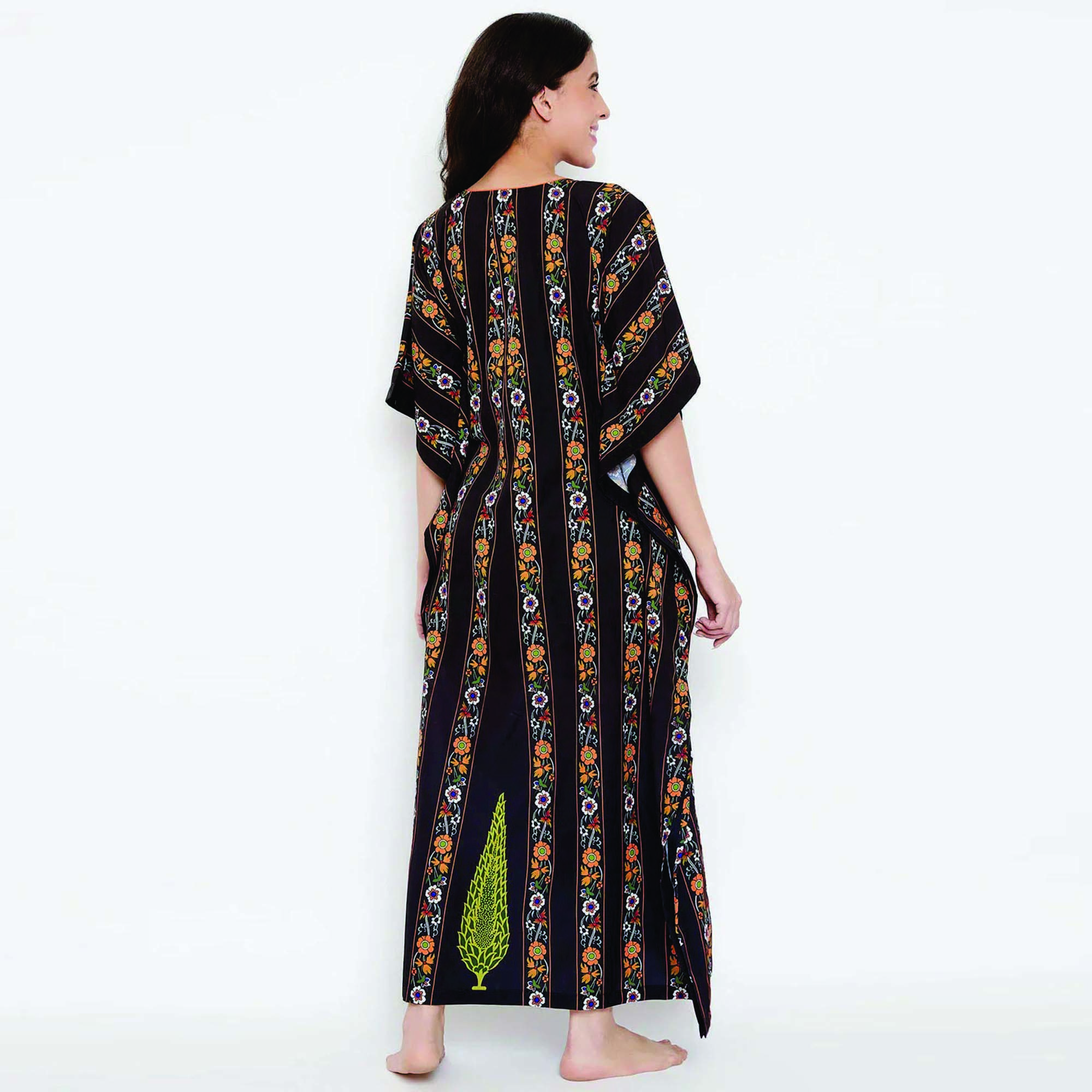 Casual Maxi Length Kaftan Slim Fit Polyester Crape with Neck Tie Black Ornamental Stripes Ethnic Style Maxi Length Kaftan