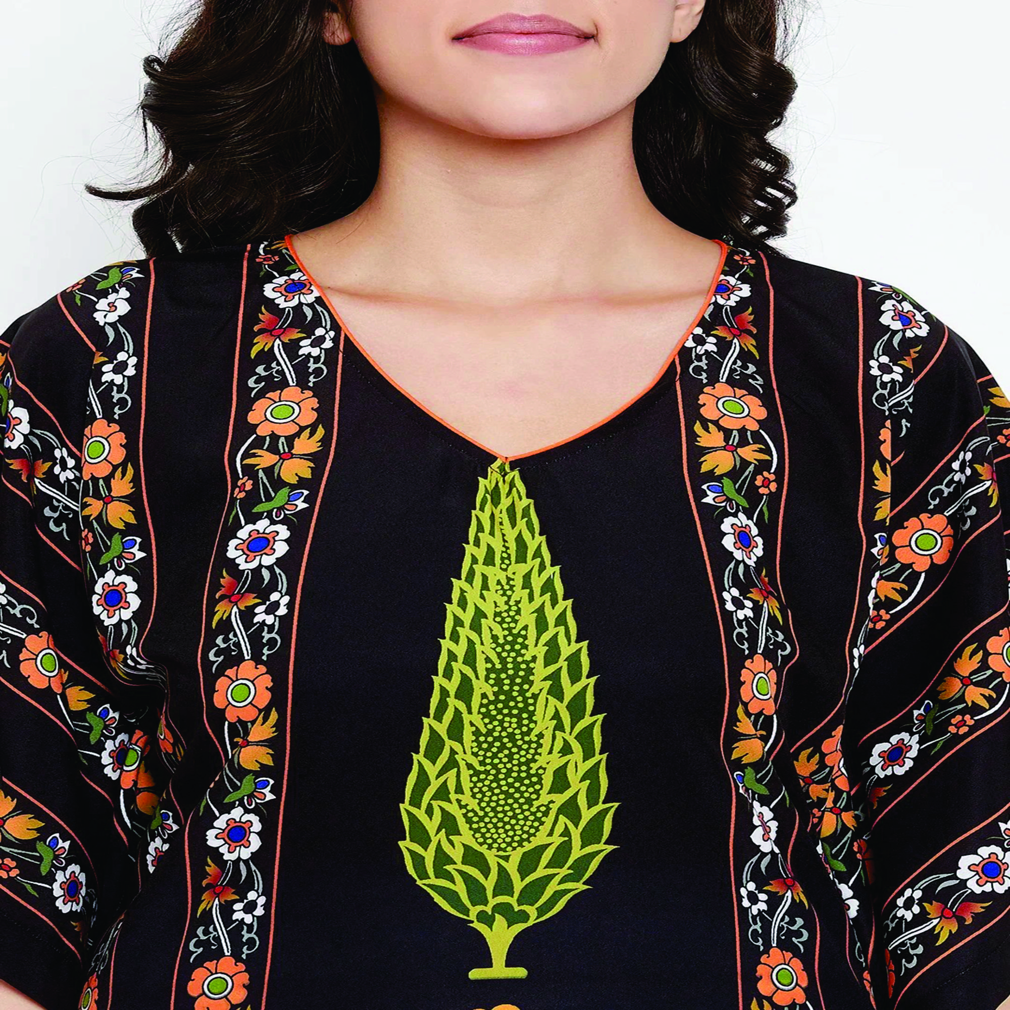 Casual Maxi Length Kaftan Slim Fit Polyester Crape with Neck Tie Black Ornamental Stripes Ethnic Style Maxi Length Kaftan