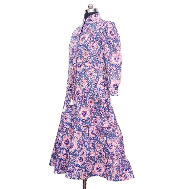 Floral Printed Party Wear Dress Hand Block Cotton Women Summer Wear Bohemian Midi Dress for Women