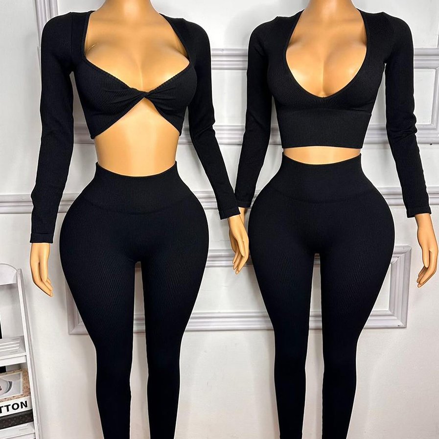 Huili Manufacturer Custom Ladies 2 Piece Set Workout Long Sleeve Crop Top & Leggings Women Slimming Gym Wear Fitness Yoga Set
