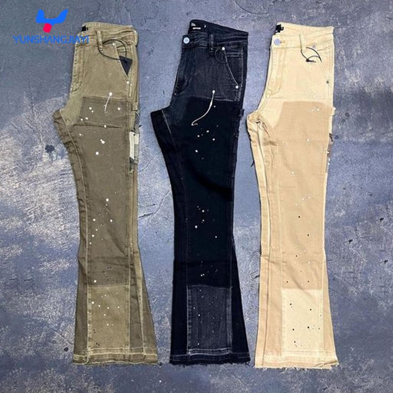 YSJY Custom High Quality Streetwear Colorblock Wide Leg Denim Flared Sweat Pants Men