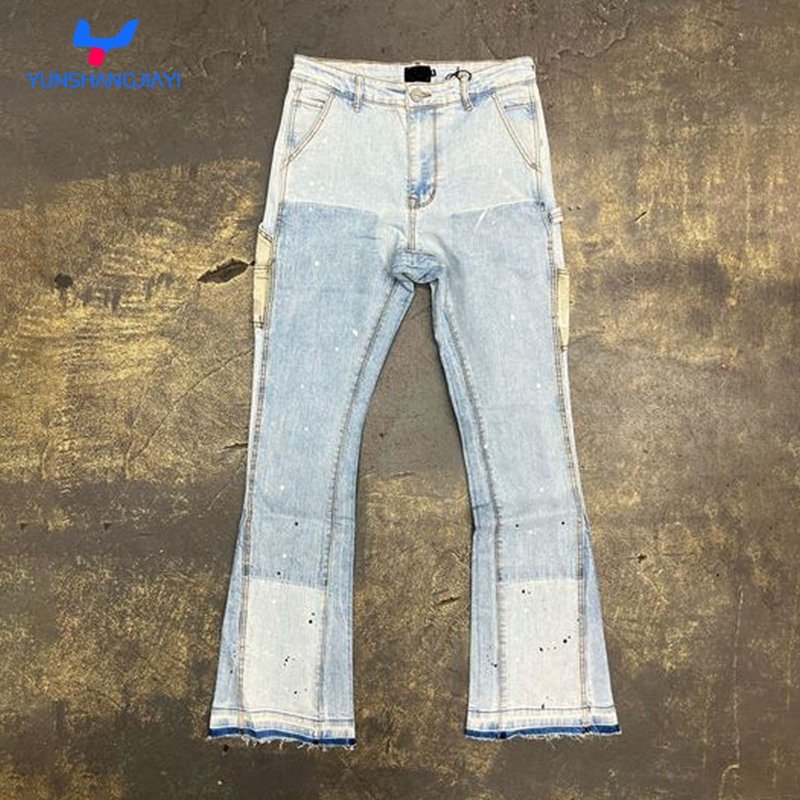 YSJY Custom High Quality Streetwear Colorblock Wide Leg Denim Flared Sweat Pants Men