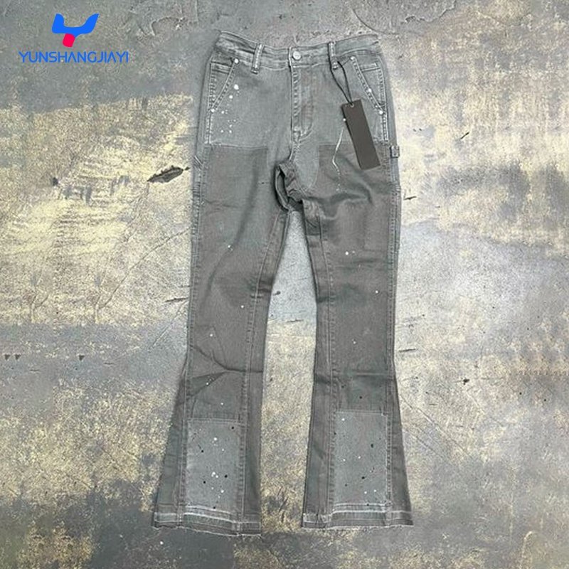 YSJY Custom High Quality Streetwear Colorblock Wide Leg Denim Flared Sweat Pants Men