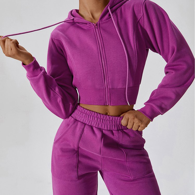 Custom Zip Hoodies Tracksuit Jogging Crop Top Pullover Two Piece Pants Set for Women