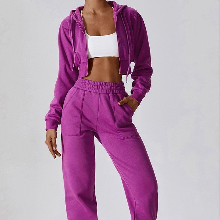 Custom Zip Hoodies Tracksuit Jogging Crop Top Pullover Two Piece Pants Set for Women