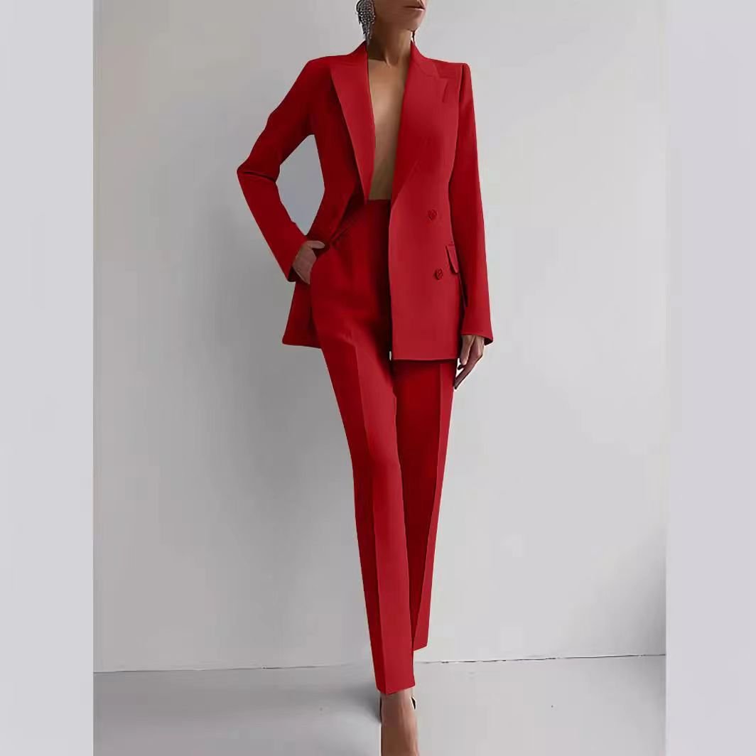 Fashionable Women Two Piece Set Coat + Pants Suits Solid Color Suit Coat Blazer Pants Set Spring Autumn Lady Office Casual Suits
