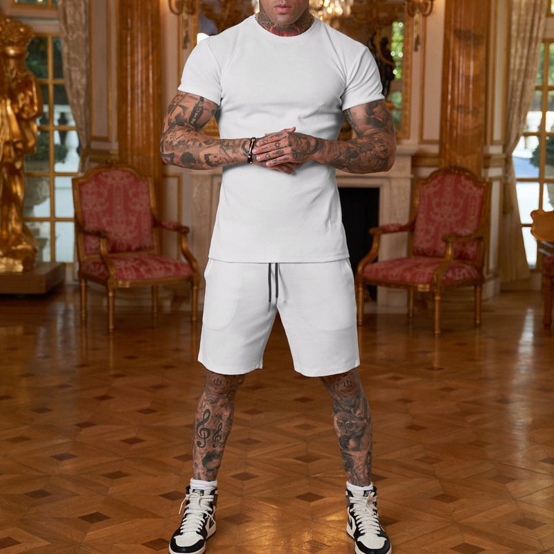 Men's short sleeved shorts solid color casual loose tie sports set