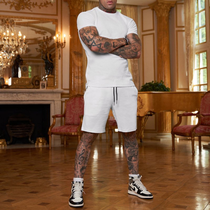 Men's short sleeved shorts solid color casual loose tie sports set