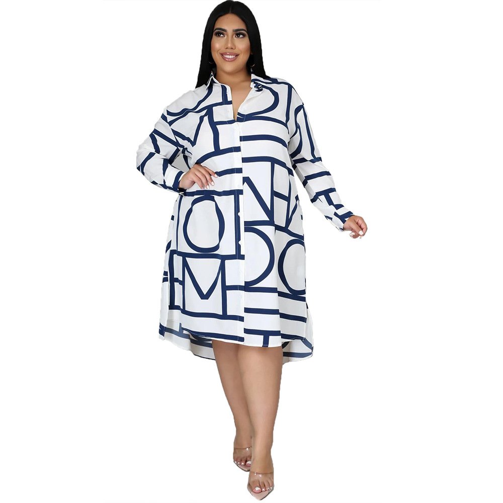 Fall clothing for women printed long-sleeve loose casual irregular hem ladies plus size fall shirt dress fat women clothing