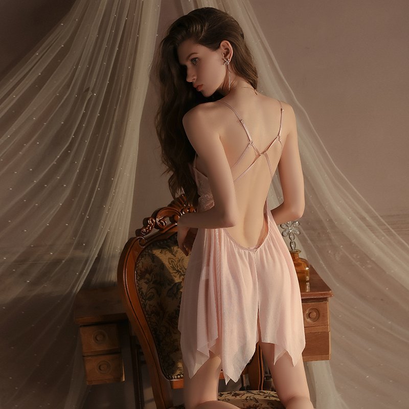 Light luxury sleepwear summer tie strap bow hollow chest gauze mesh irregular hem sling home nightgown 4476