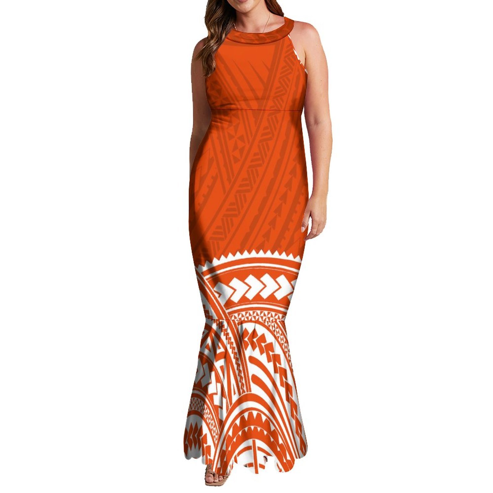 Drop Shipping Large Size Halter Hollow Out Sleeveless Mermaid Dresses Customized Polynesian Tattoo Printed Fishtail Prom Dress