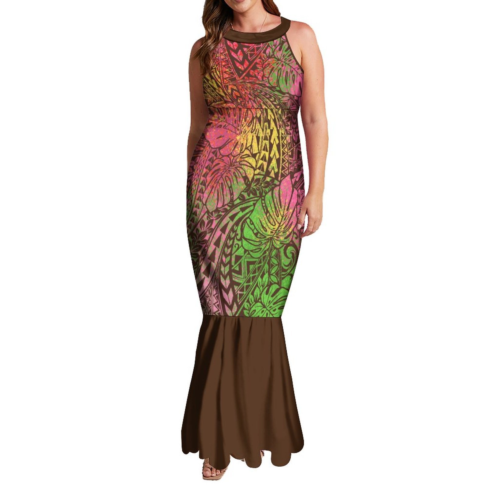 Drop Shipping Large Size Halter Hollow Out Sleeveless Mermaid Dresses Customized Polynesian Tattoo Printed Fishtail Prom Dress