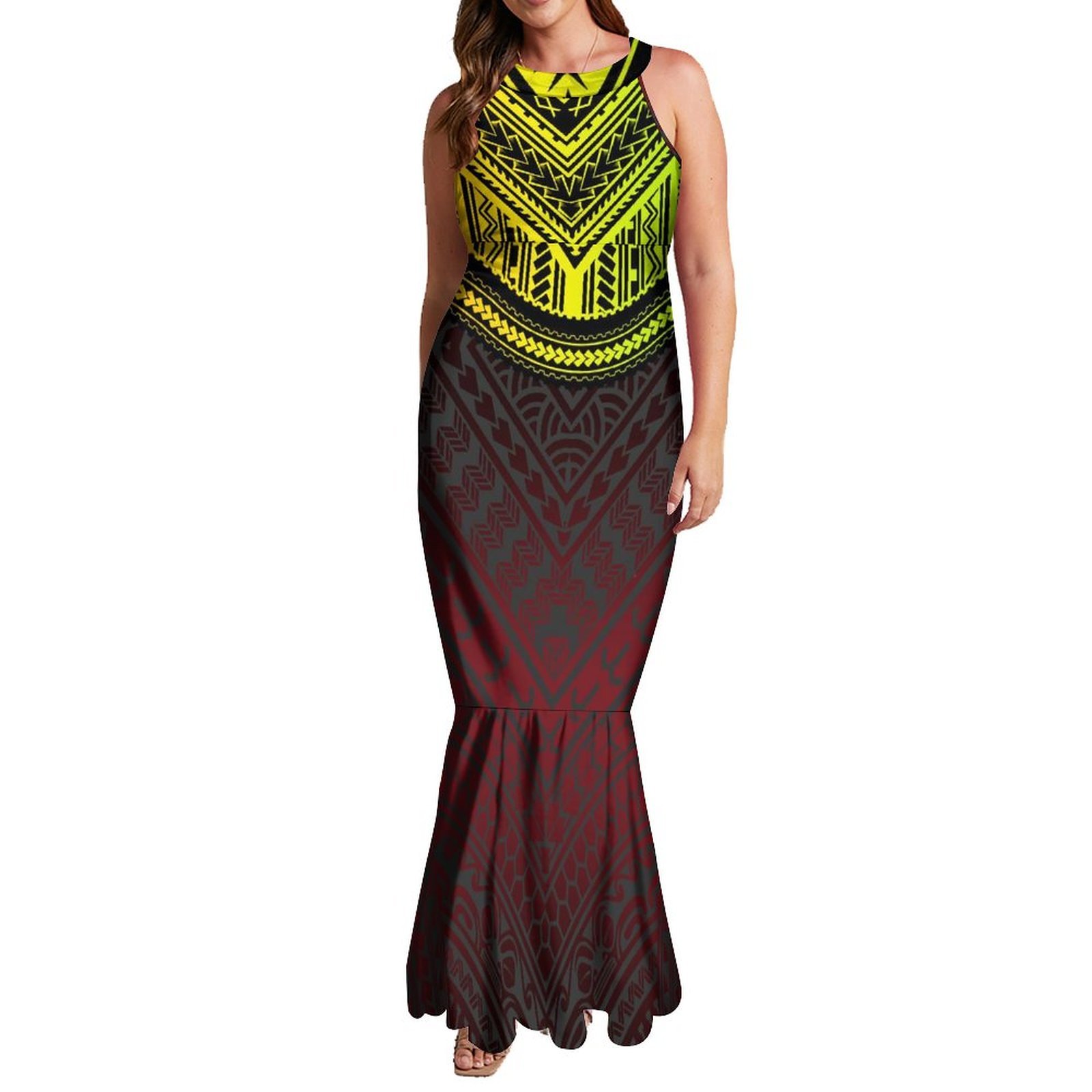 Drop Shipping Large Size Halter Hollow Out Sleeveless Mermaid Dresses Customized Polynesian Tattoo Printed Fishtail Prom Dress