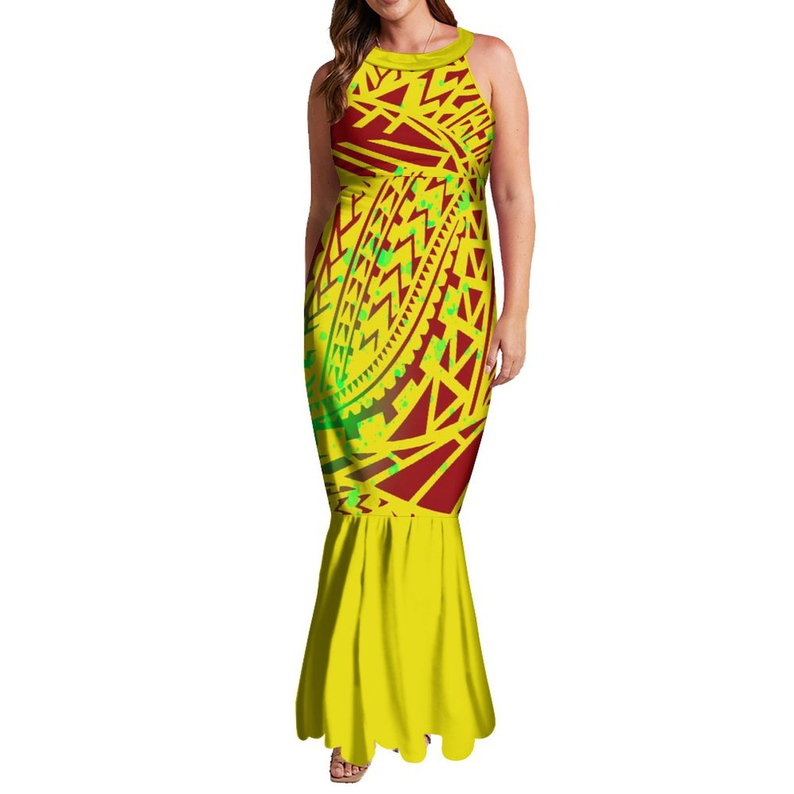Drop Shipping Large Size Halter Hollow Out Sleeveless Mermaid Dresses Customized Polynesian Tattoo Printed Fishtail Prom Dress
