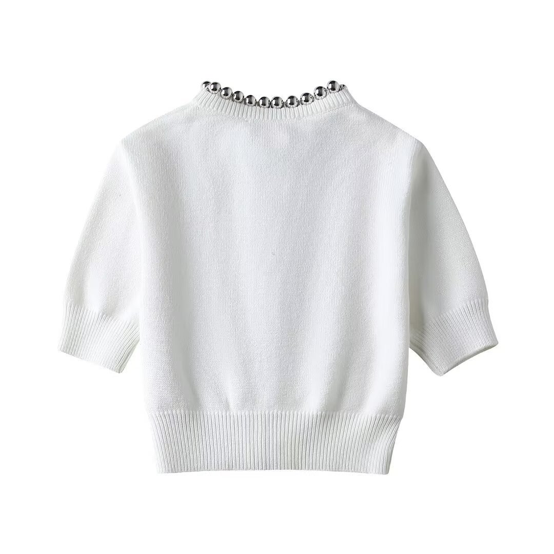 2024 New Fashion Metal Tie Ball Knitted Sweater Retro Short Sleeve Chic Crewneck Hanging Buckle All-match Top Mujer