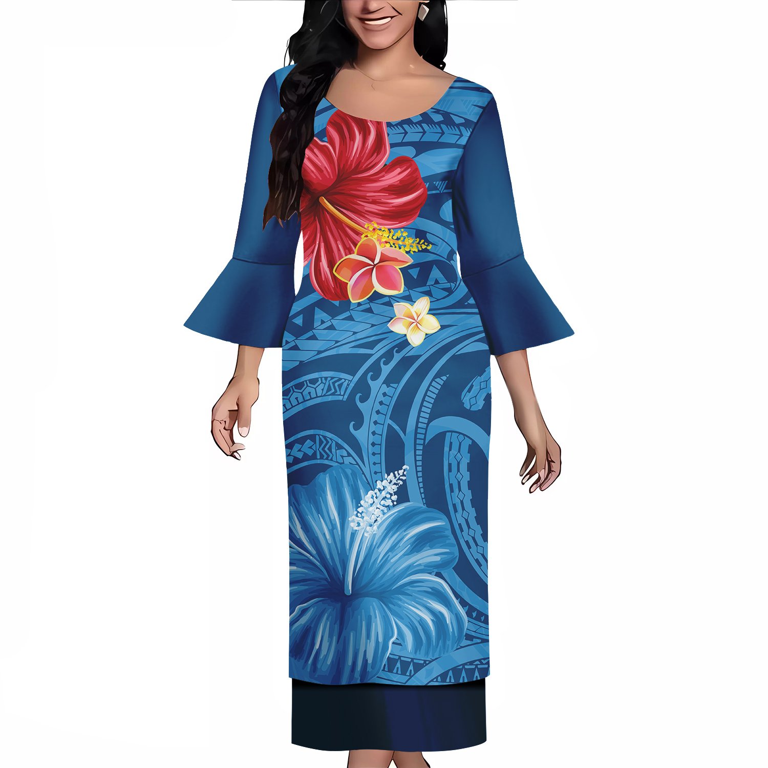 Dropshipping Polynesian Puletasi Samoan Dress Crew Neck Ptaha Set Custom Bell Sleeve 2 Pcs Top And Skirts Two Piece Sets Dresses