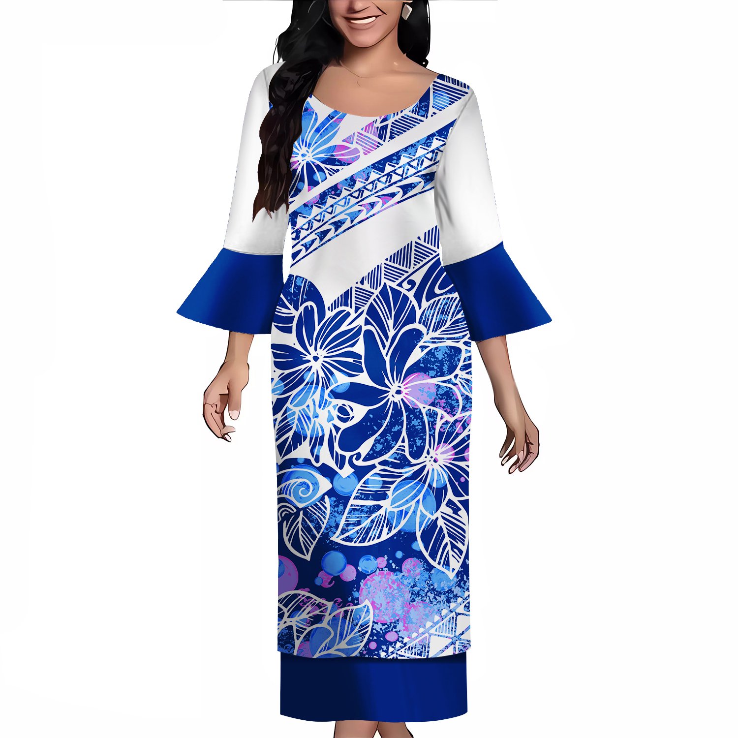 Dropshipping Polynesian Puletasi Samoan Dress Crew Neck Ptaha Set Custom Bell Sleeve 2 Pcs Top And Skirts Two Piece Sets Dresses