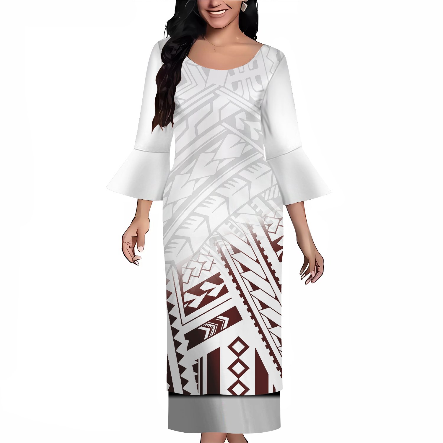 Dropshipping Polynesian Puletasi Samoan Dress Crew Neck Ptaha Set Custom Bell Sleeve 2 Pcs Top And Skirts Two Piece Sets Dresses