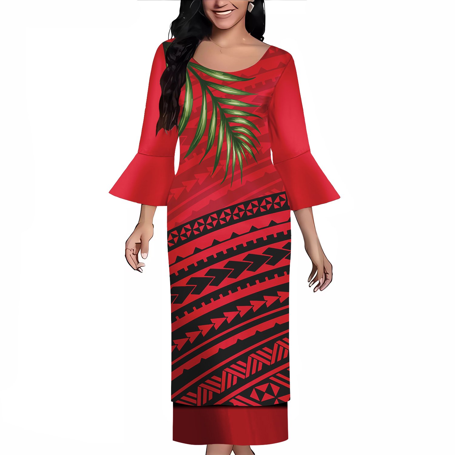 Dropshipping Polynesian Puletasi Samoan Dress Crew Neck Ptaha Set Custom Bell Sleeve 2 Pcs Top And Skirts Two Piece Sets Dresses