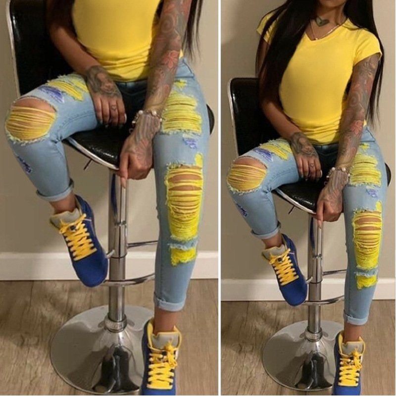 Ladies Fashion Tie Dye Jeans Women High Waist Stretch Denim Ripped Pants Skinny Women's Jeans