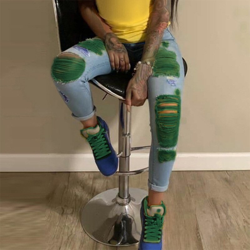 Ladies Fashion Tie Dye Jeans Women High Waist Stretch Denim Ripped Pants Skinny Women's Jeans
