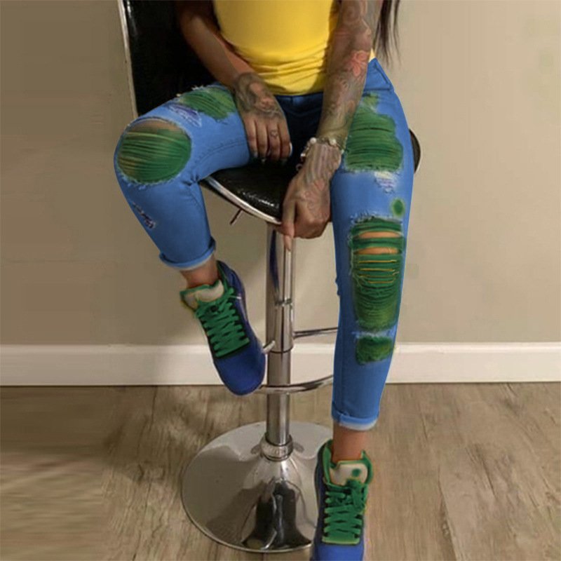 Ladies Fashion Tie Dye Jeans Women High Waist Stretch Denim Ripped Pants Skinny Women's Jeans