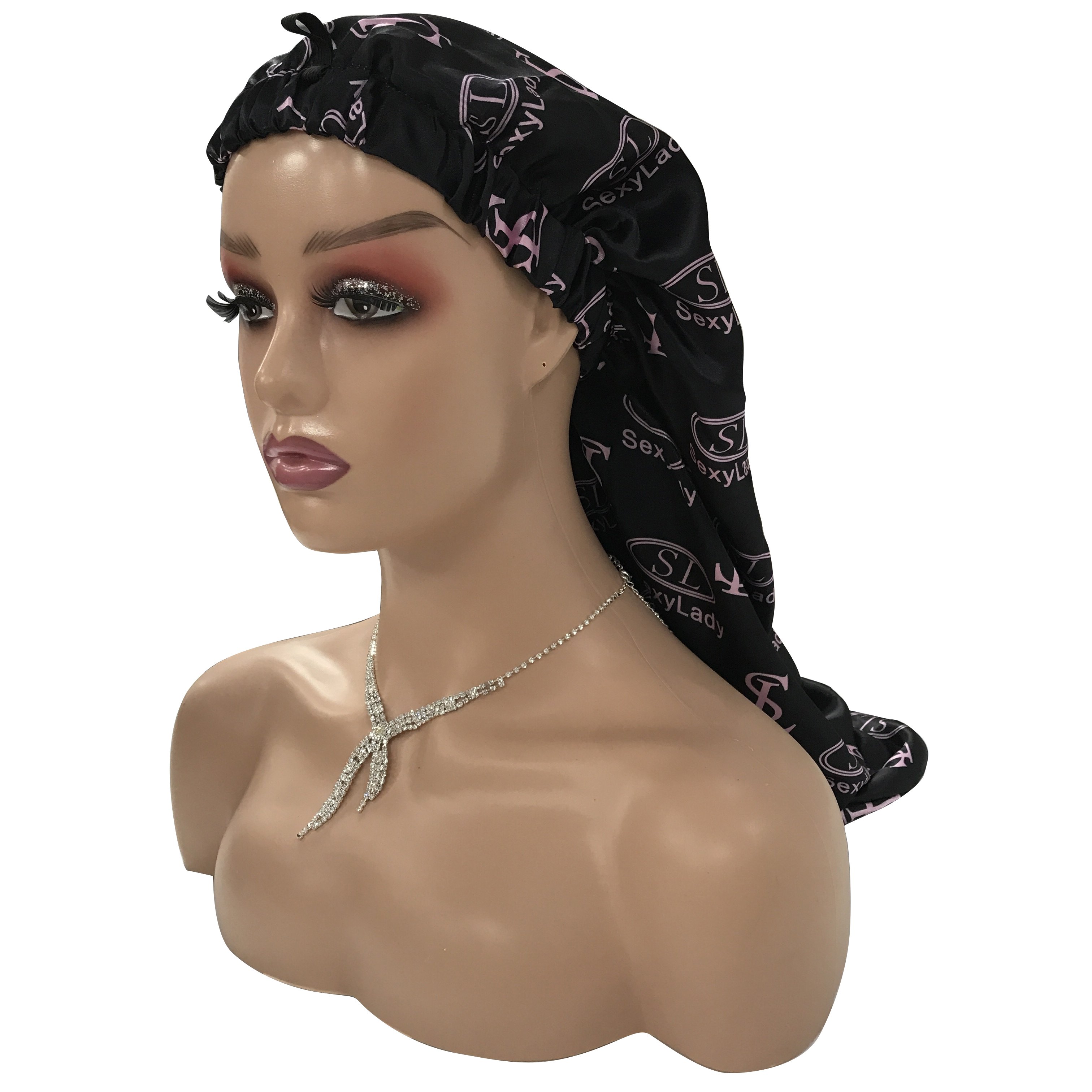 Fashion custom logo print long bonnets with ties large silk braid bonnets with satin hair wrap scarf wholesale