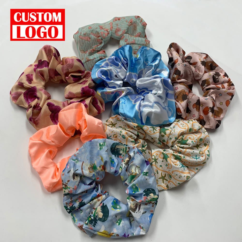 Wholesale Factory Custom Printed Satin Scrunchy With Logo Bulk Elastic Hair Band Ties For Girls Kids Silk Custom Hair Scrunchies
