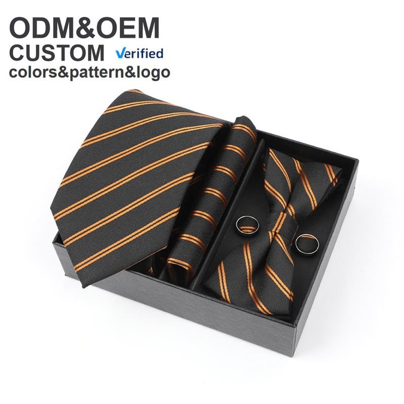 Customized 100% Silk Fabric Set for Men Business Style Woven Weave Necktie and Silk Neck Ties Bowties and Pocket Square Gift Set