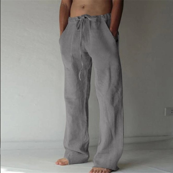 Men's linen solid color loose tied casual sports pants
