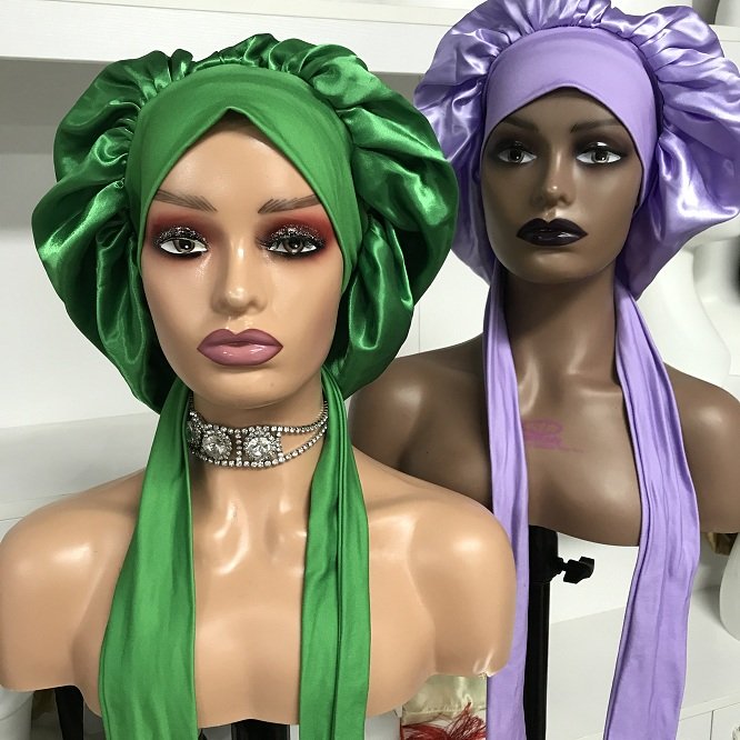 SALE satin silk tie bonnet with long band hair accessories braid bonnets and satin hair wraps bonnets with logo