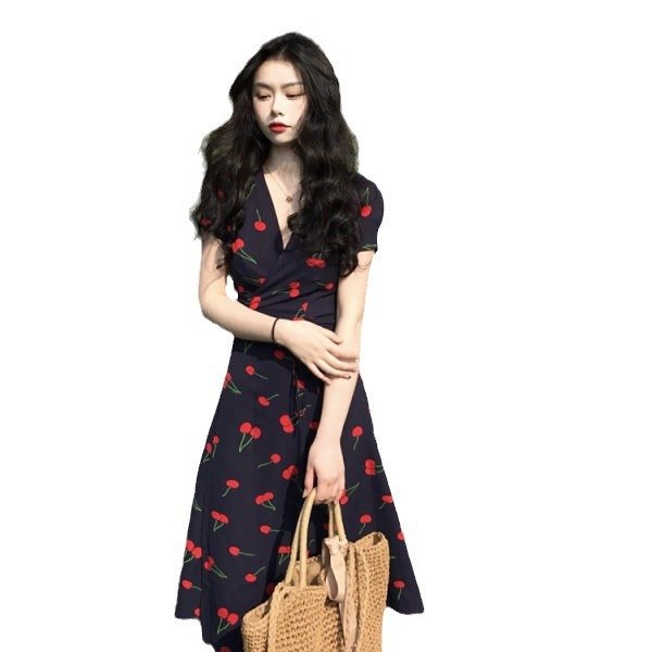 Fashion Deep V neck Summer Dress Cherry Print vestidos Short sleeve Midi Dress Waist Tie Wra'p Dresses Casual