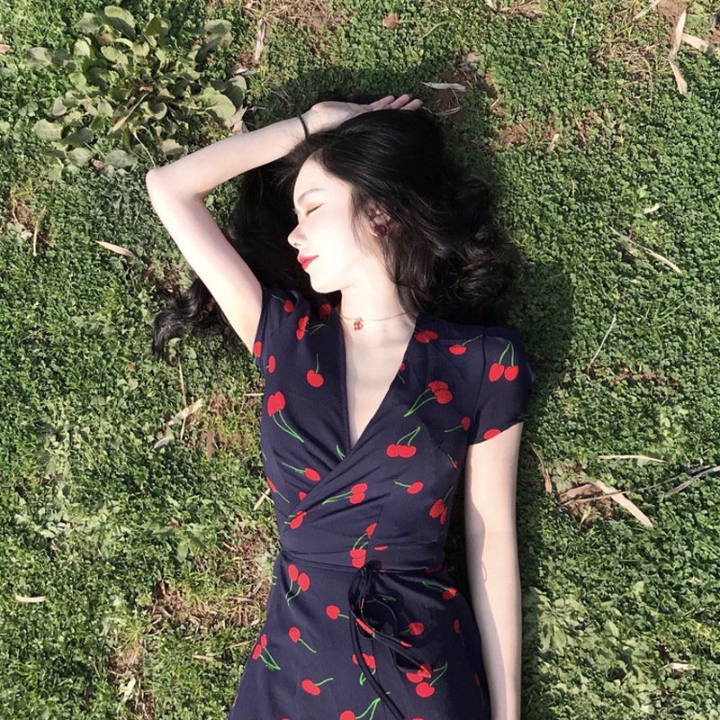 Fashion Deep V neck Summer Dress Cherry Print vestidos Short sleeve Midi Dress Waist Tie Wra'p Dresses Casual