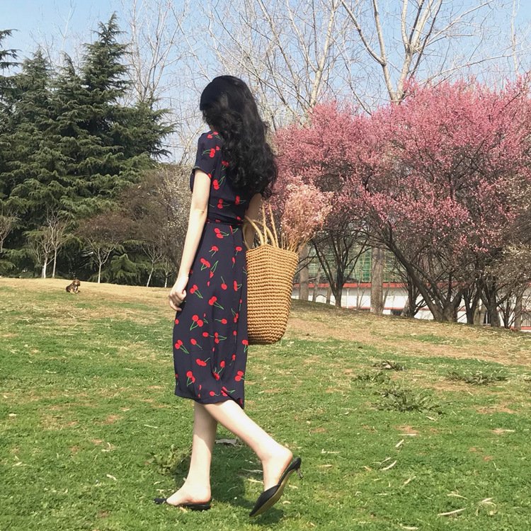 Fashion Deep V neck Summer Dress Cherry Print vestidos Short sleeve Midi Dress Waist Tie Wra'p Dresses Casual