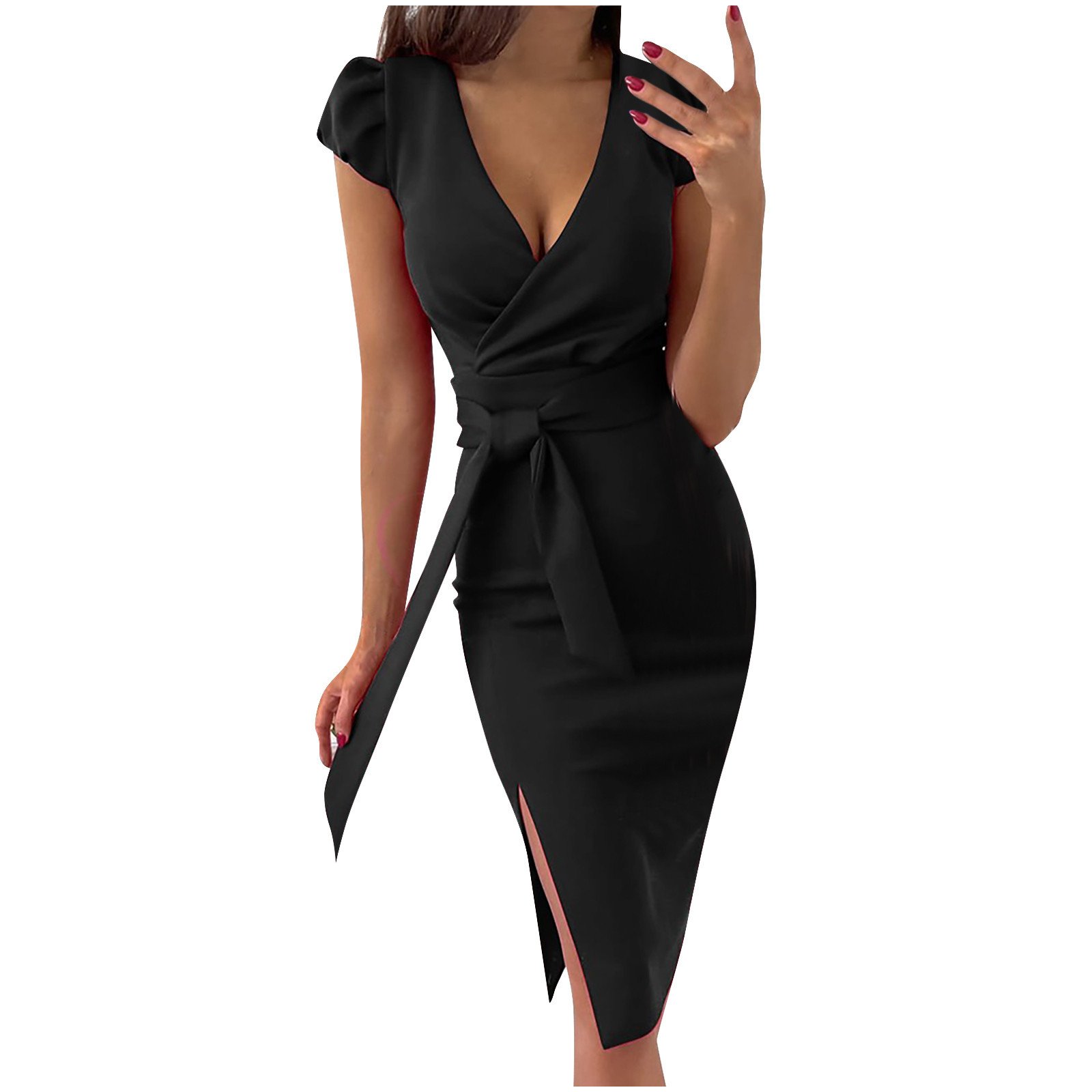 Allure women Elegant Red Sexy V-neck Skirt Pullover Lace Slit Ladies Dress