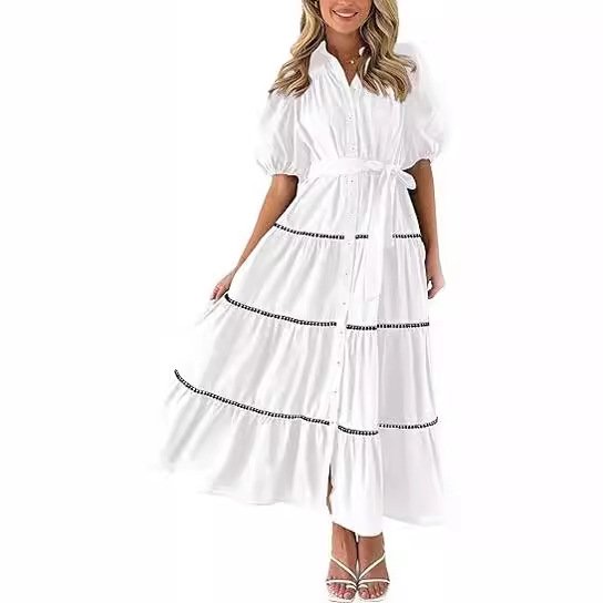 Women Boho Button Down Puff Short Sleeve Dress Casual Summer Beach Tunics DressTiered Ruffle Long Flowy Shirt Dress With Belt